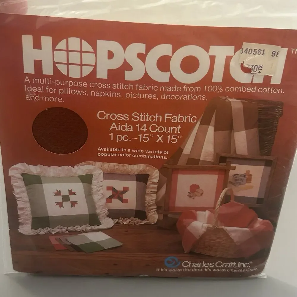 Lot of 3 Hopscotch Cross Stitch Fabric Green, Yellow, Red NOS Charles Craft VTG